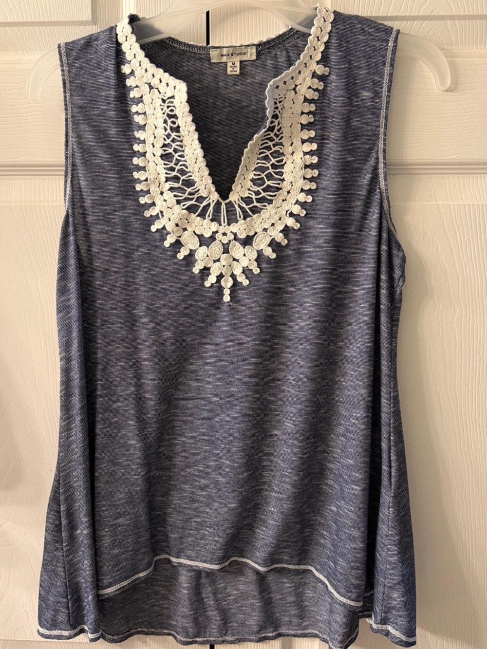 Max Studio Navy Blue Tank with White Crochet V-Neck